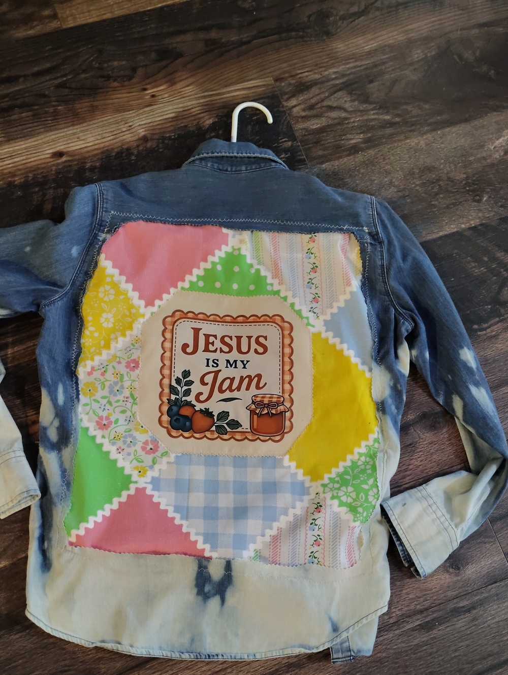 Denim Button-Down Jacket with Multicolor Patchwork Back - Jesus Is My Jam